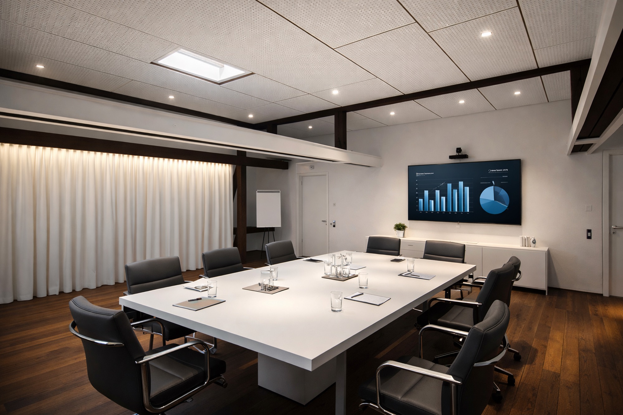 Moderner Konferenzraum mit Präsentation, Deckenabsorber vollflächig, seitlich Akustikvorhang zur Raumtrennung