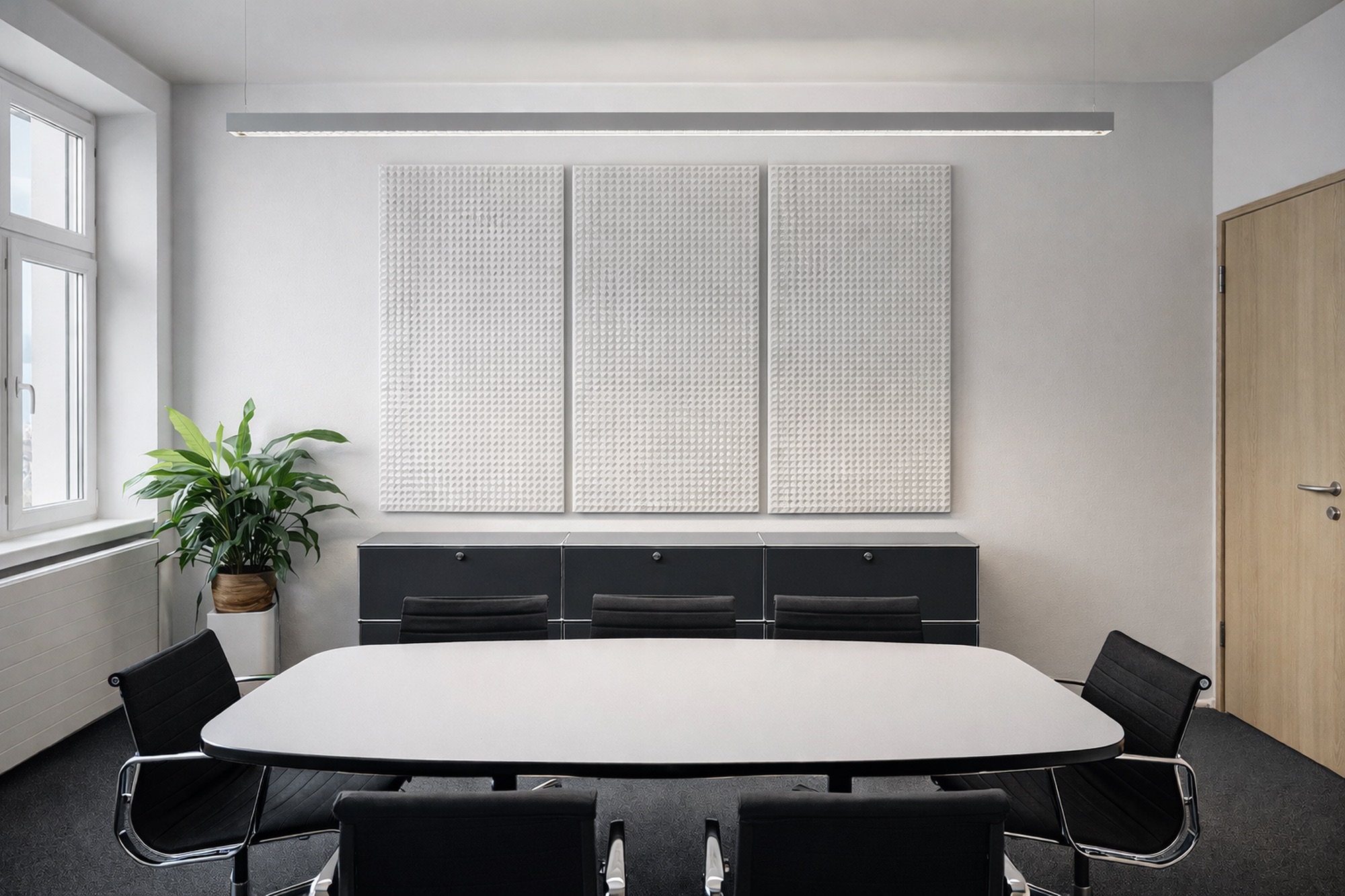 Moderner Besprechungsraum Wandbasorber im gleichen Raster wie USM Haller Möbel