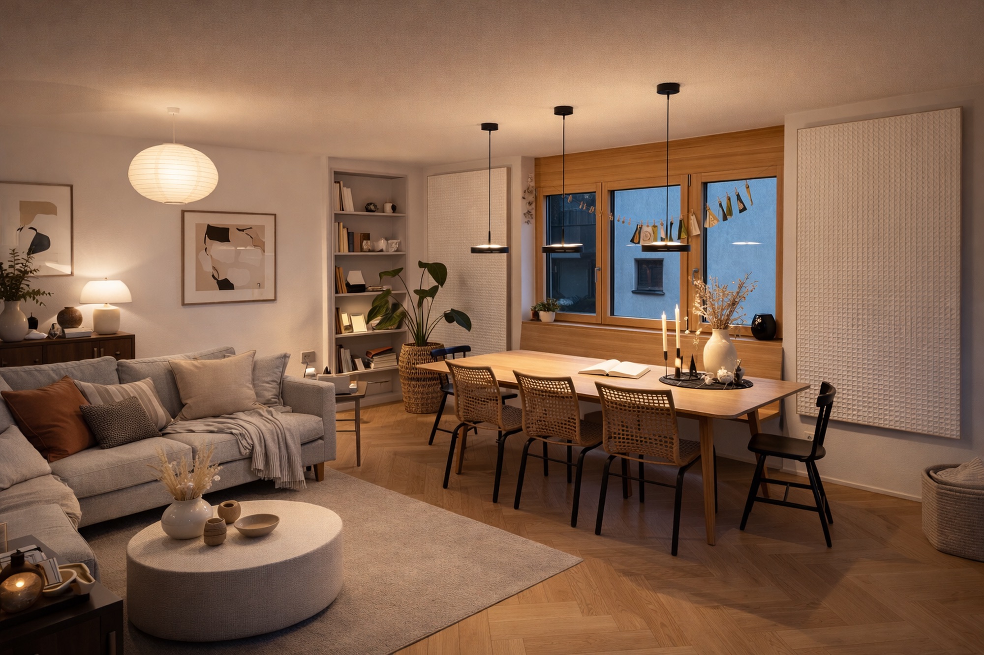 Helles, modernes Wohnzimmer mit Esstisch, seitlich Wandabsorber für bessere Sprachverständlichkeit und Ruhe