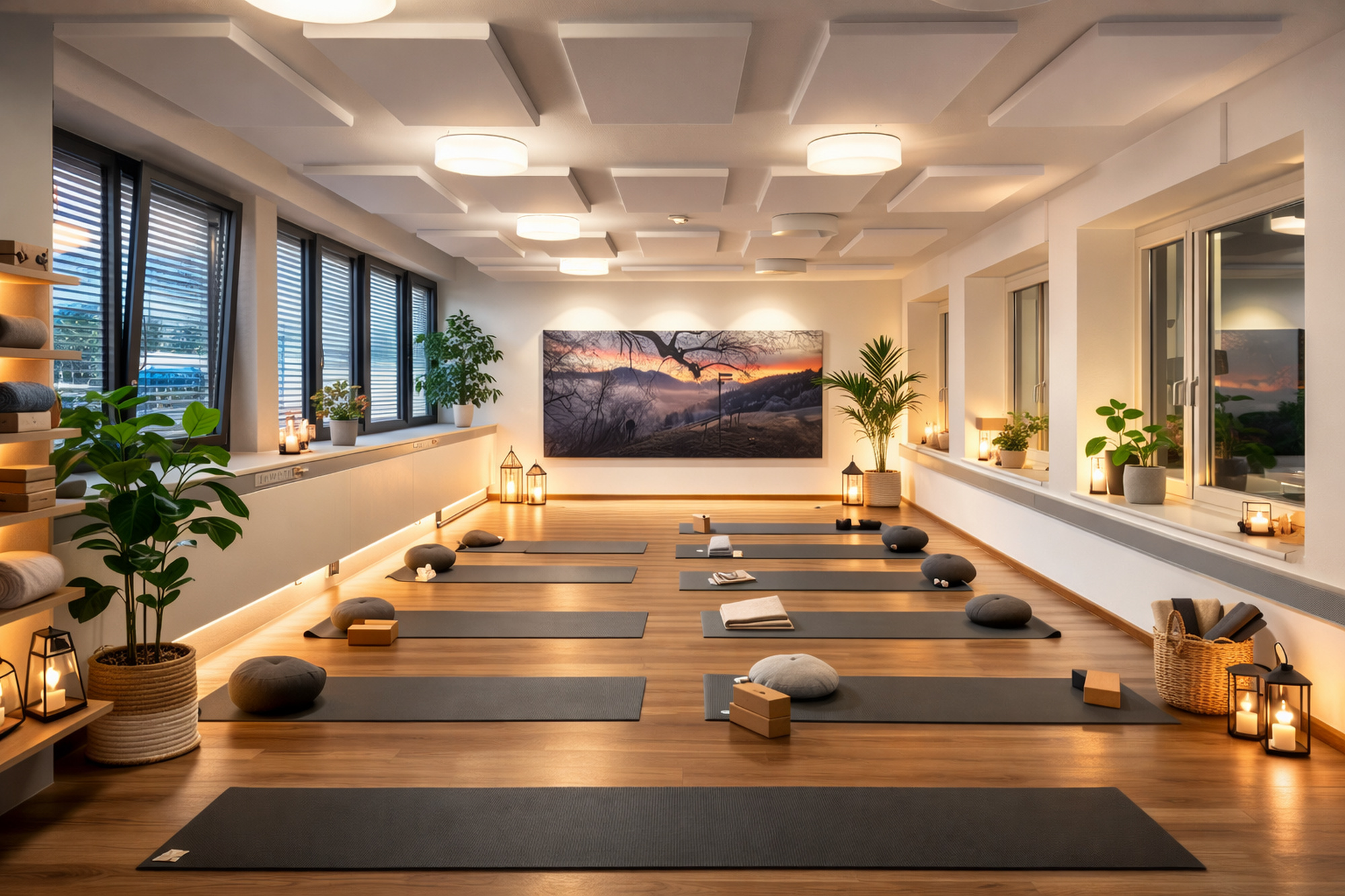 Helles Yogastudio mit Matten, Deckenabsorber verklebt und ein Wandbild als Schallabsorber